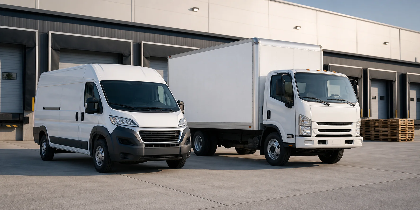 Unbranded cargo van and box truck ready for freight service
